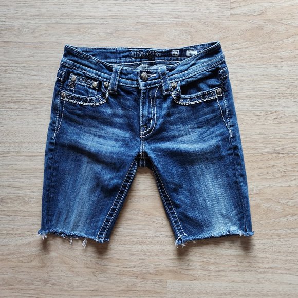 Miss Me Embellished Mid Rise Custom Cut Bermuda Denim Shorts Blue - Picture 2 of 8